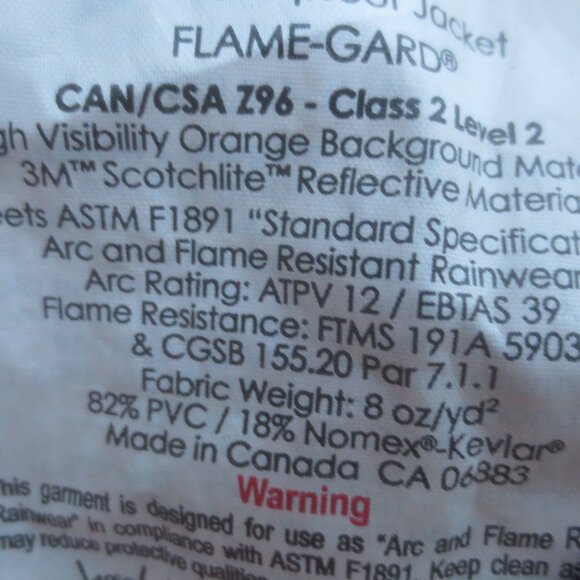 Hi-Vis Flame Gard Utili-Gard Flame Resistant Waterproof Jacket - Size S/M. - Picture 10 of 14